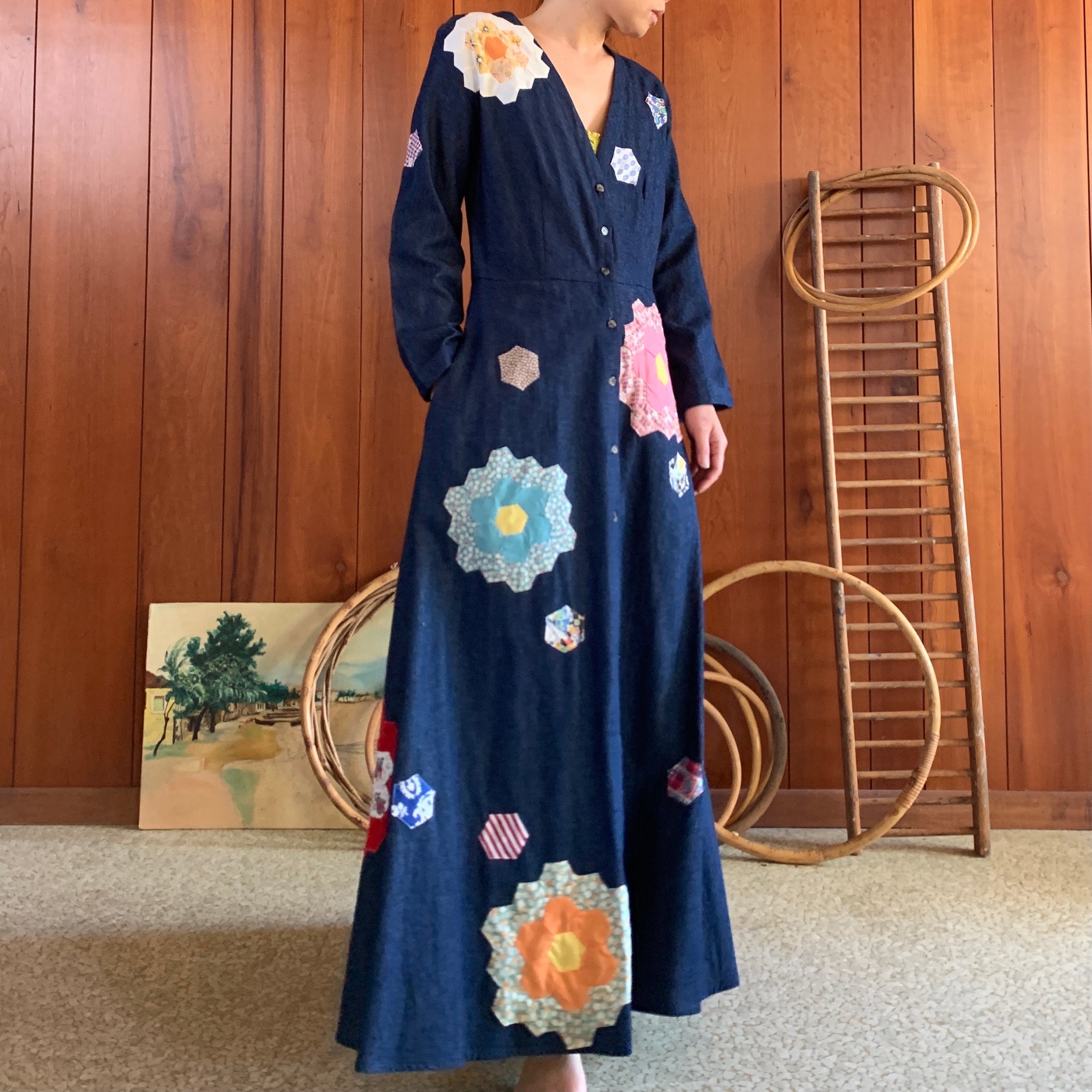 Denim Dress with Quilted Grandmothers flower garden