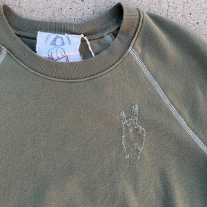 Peace' Finger Embroidery Sweatshirt - Washed Army