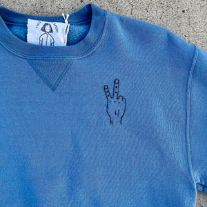 Peace' Finger Embroidery Sweatshirt - Washed Blue