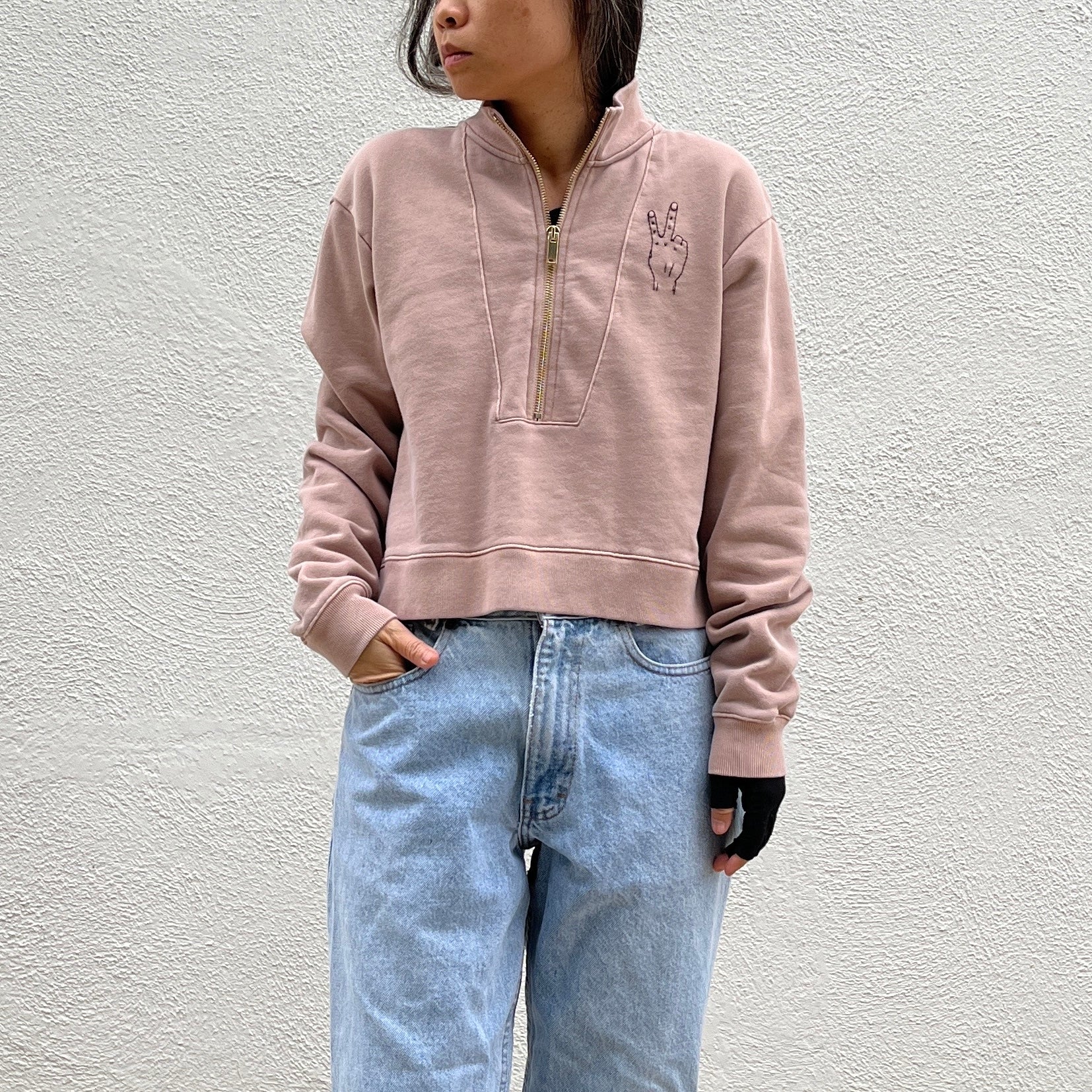 Peace' Finger Embroidery Sweatshirt - Overdyed Tan