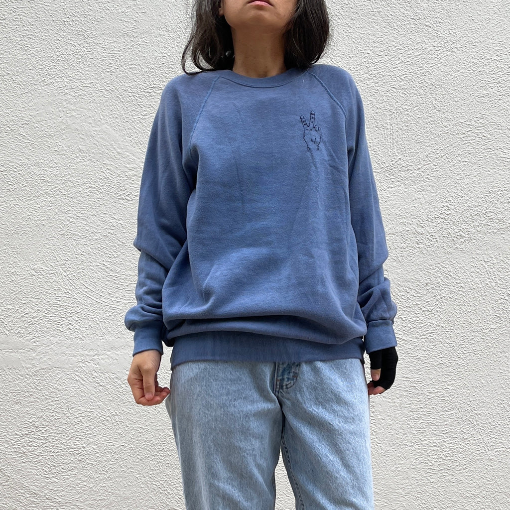 'Peace' Finger Embroidery Sweatshirt - Blue Heather
