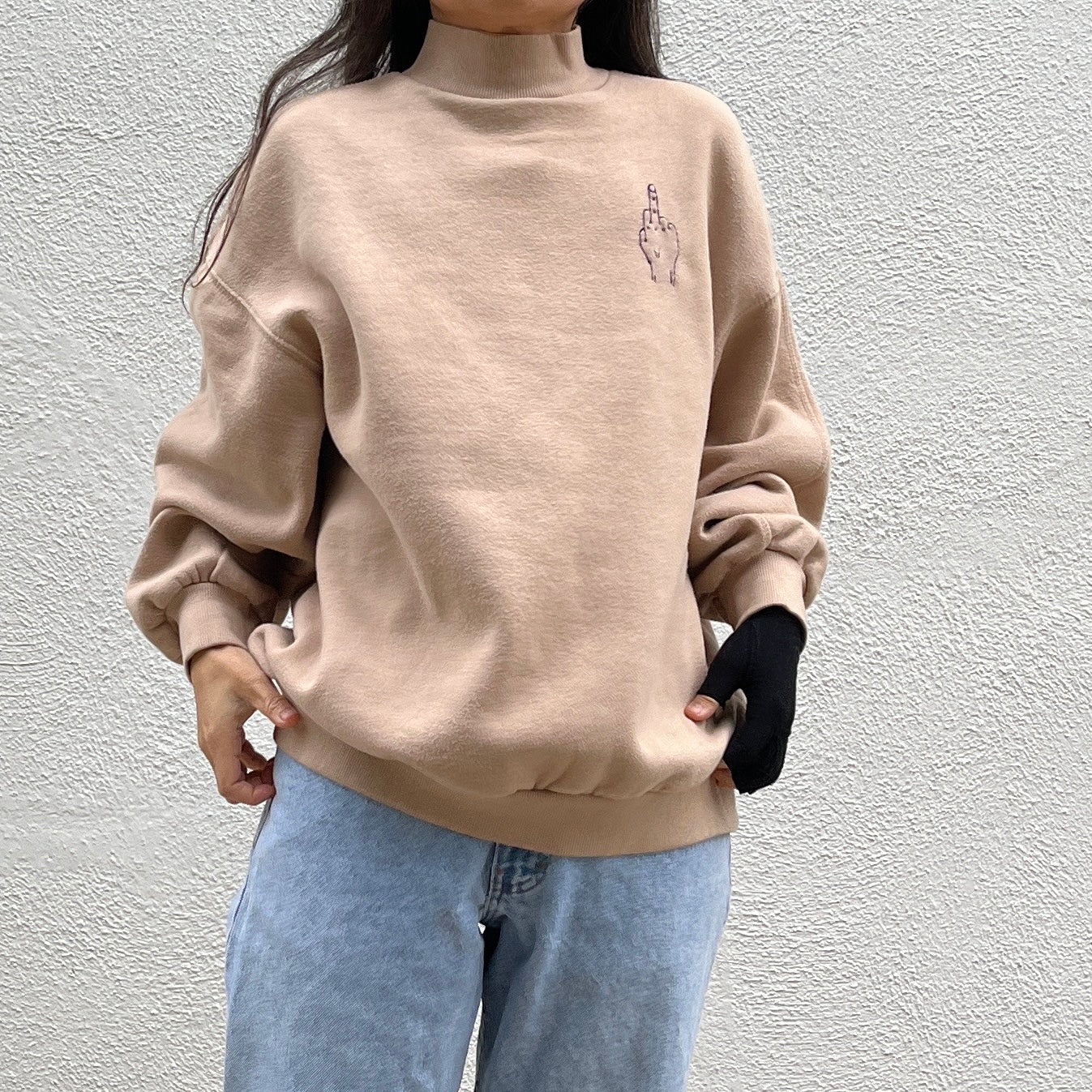 ‘FU' Finger Embroidery Sweatshirt - Tan