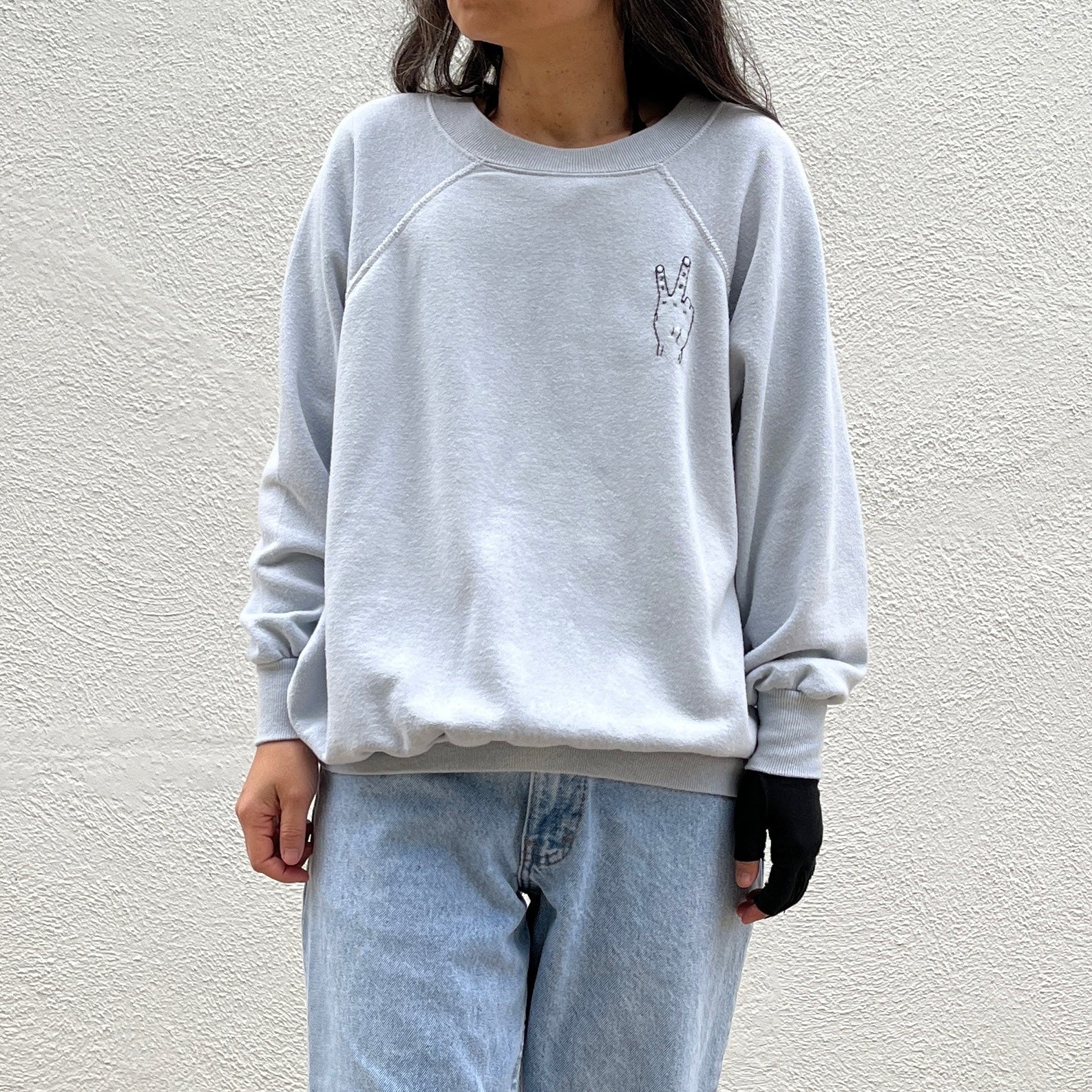 ‘Peace' Finger Embroidery Sweatshirt - Pale Blue