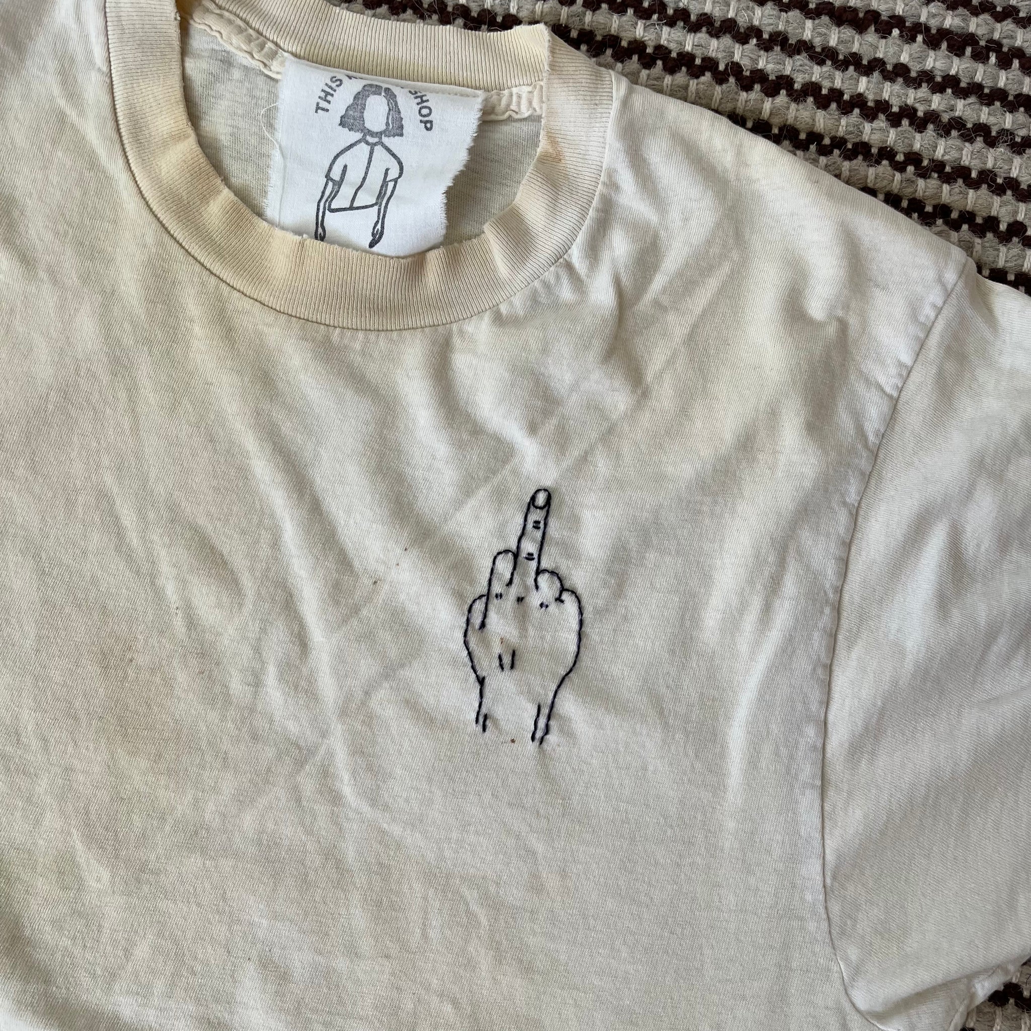 'FU' Finger Embroidery Tee - Dirty White